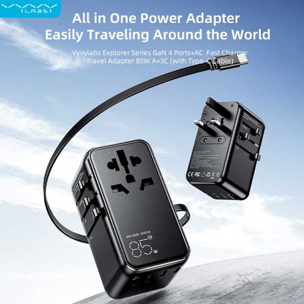 Vyvylabs Explorer Series GaN 4 Ports+AC Fast Charger Travel Adapter 85W A+3C (with Type-C Cable) Black